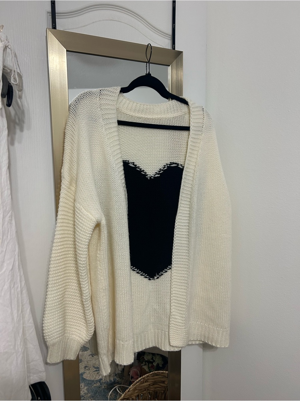 Cream Knit Cardigan Sweater with Black Heart Detail